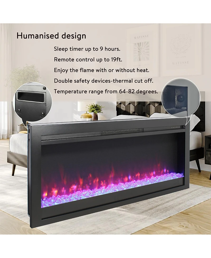 Clihome 44 inch Wall Recessed Electric Fireplace with Remote Control and Multi Color Flame