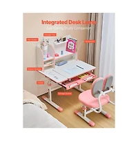 Sugift Kids Study Desk and Chair Set with Bookshelf, Storage Drawer, Adjustable Height and 0-40 Degree Tilt Desktop for Bedroom