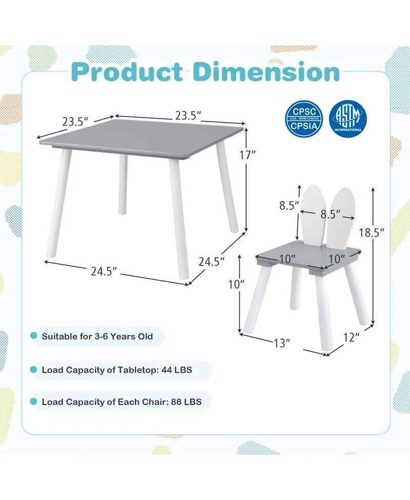 Gouun 3 Piece Kids Table and Chairs Set with Bunny Ear Backrest