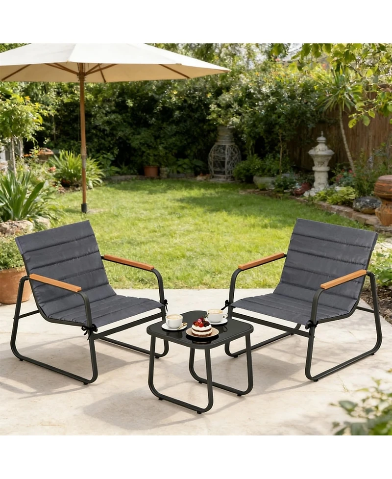 Yiortwo 3 Piece Outdoor Conversation Set with Cushioned Chairs and Glass Side Table