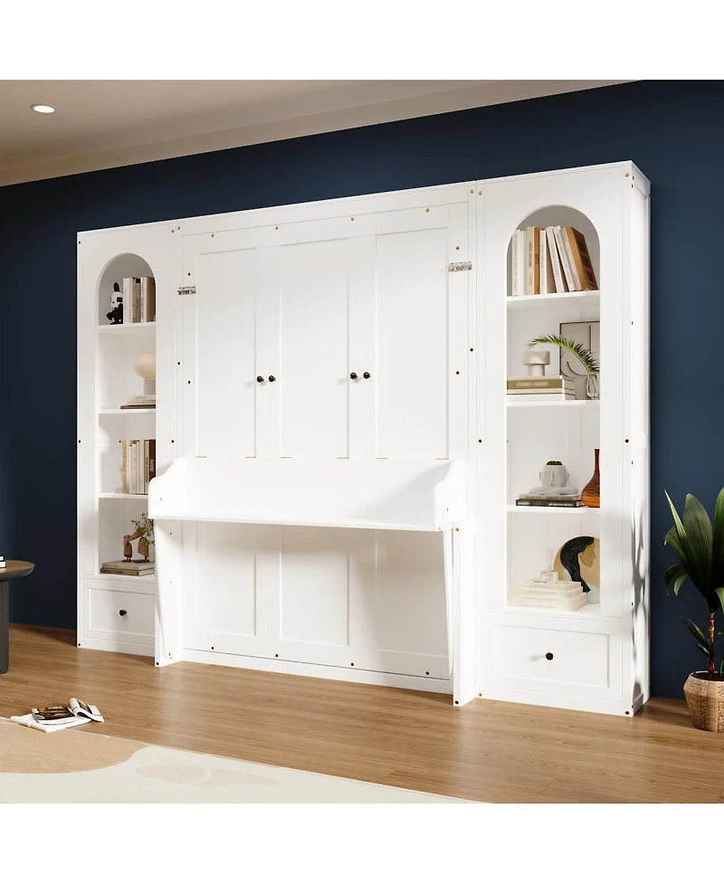 Streamdale Furniture Queen Size Murphy Platform Bed with Shelf Side Cabinets Drawers and Led