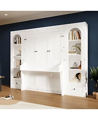 Streamdale Furniture Queen Size Murphy Platform Bed with Shelf Side Cabinets Drawers and Led