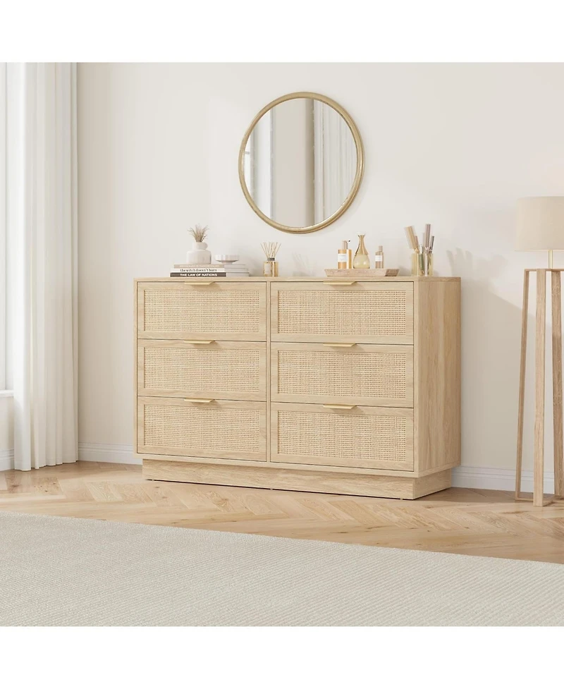 gaomon 6 Drawer Rattan Dresser for Bedroom, Natural Wood Chest of Drawers with Integrated Legs, Rattan Dresser for Hallway, Entryway and Closet