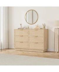 gaomon 6 Drawer Rattan Dresser for Bedroom, Natural Wood Chest of Drawers with Integrated Legs, Rattan Dresser for Hallway, Entryway and Closet