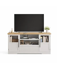 homfan Mid-Century Modern Tv Stand for 75" TVs, Wave-Textured Media Console with 2 Glass Cabinets, Open Shelves and Cable Management