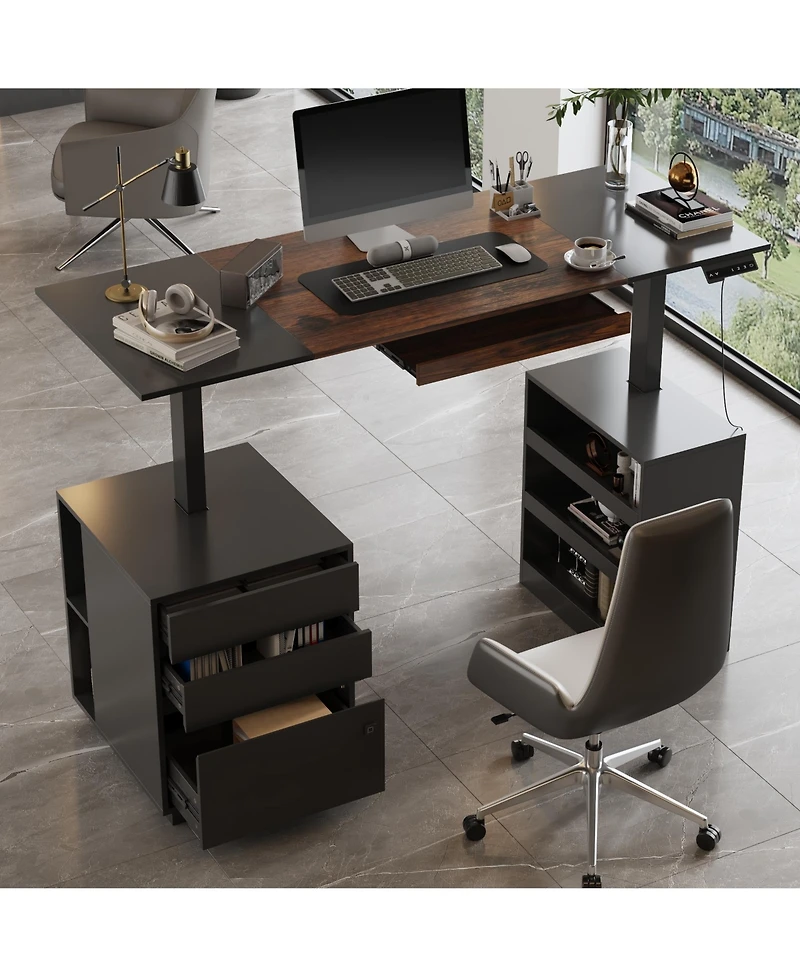 Homsee Electric Standing Desk - Height Adjustable Desk with Fingerprint Lock and Pegboard Tiger Wood Grain Computer Desk for Home Office