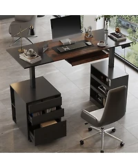 Homsee Electric Standing Desk - Height Adjustable Desk with Fingerprint Lock and Pegboard Tiger Wood Grain Computer Desk for Home Office