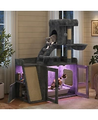 Streamdale All-in-One Cat Tree Litter Box Enclosure with Led Light and Scratching Board