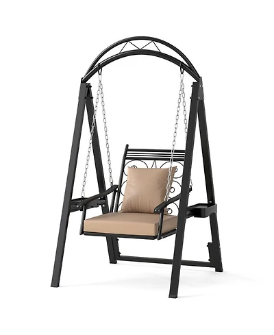 Sugift Metal Frame Porch Swing with Removable Cushions and Side Tables