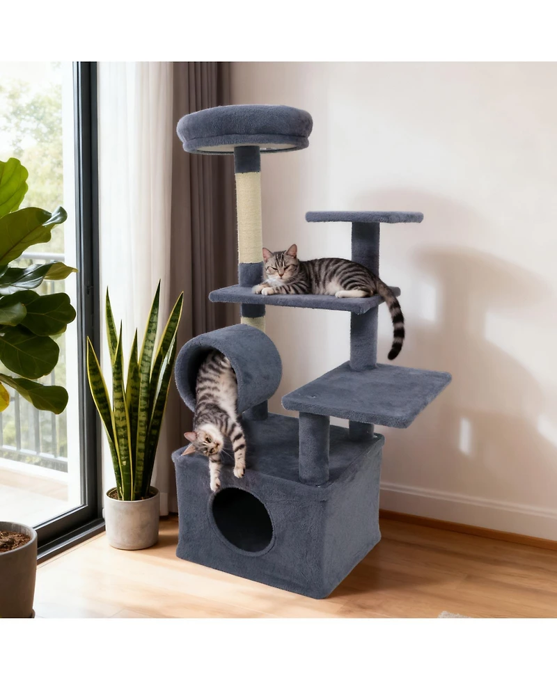 Gymax 48'' Tall Cat Tree With Large Condo Padded Top Perch Jute Scratching Post Tunnel