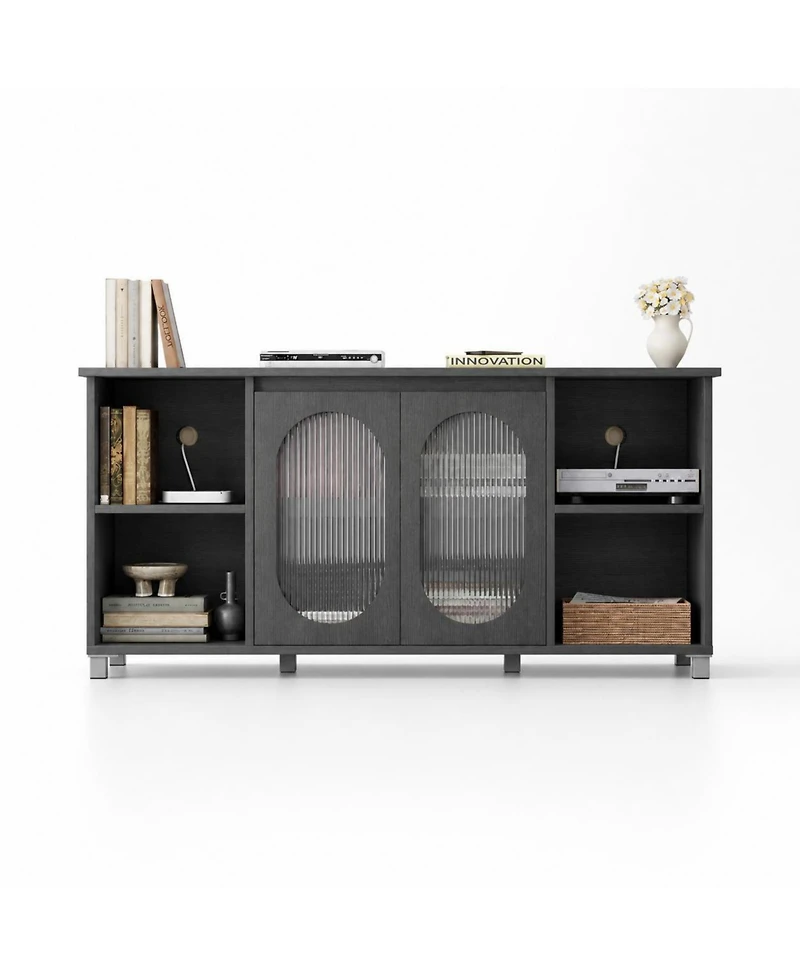 homfan Retro Tv Stand for Up to 70" TVs, Media Console with 2 Tempered Glass Cabinets, 4 Adjustable Shelves and Cord Management