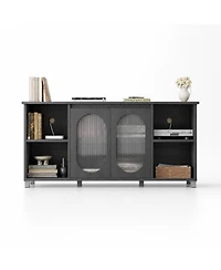 homfan Retro Tv Stand for Up to 70" TVs, Media Console with 2 Tempered Glass Cabinets, 4 Adjustable Shelves and Cord Management