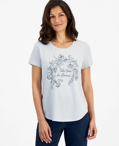 Style & Co Women's Perfect Time for Flowers Floral-Print Curved-Hem T-Shirt, Macy's Exclusive