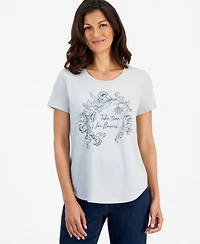 Style & Co Women's Perfect Time for Flowers Floral-Print Curved-Hem T-Shirt, Macy's Exclusive
