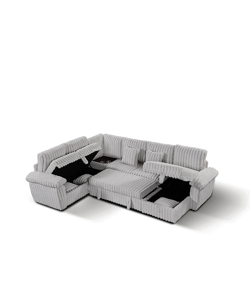 Streamdale Furniture 103'' U-Shaped Corduroy Sectional Sofa with Storage Pull-Out Bed and Usb Port