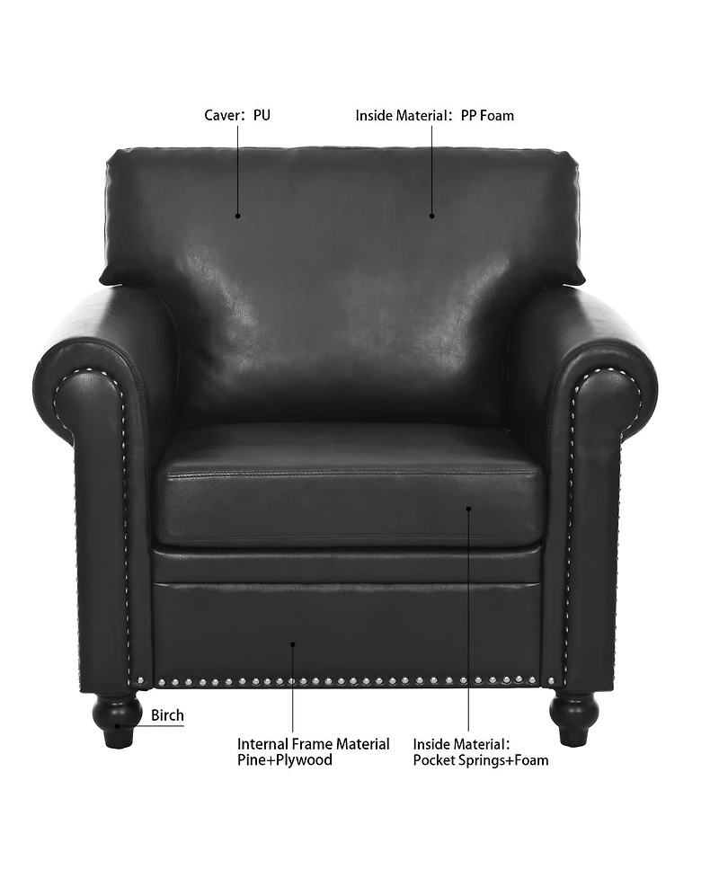 Streamdale Furniture Modern Pu Leather Rolled Arm Sofa with Birch Wood Legs