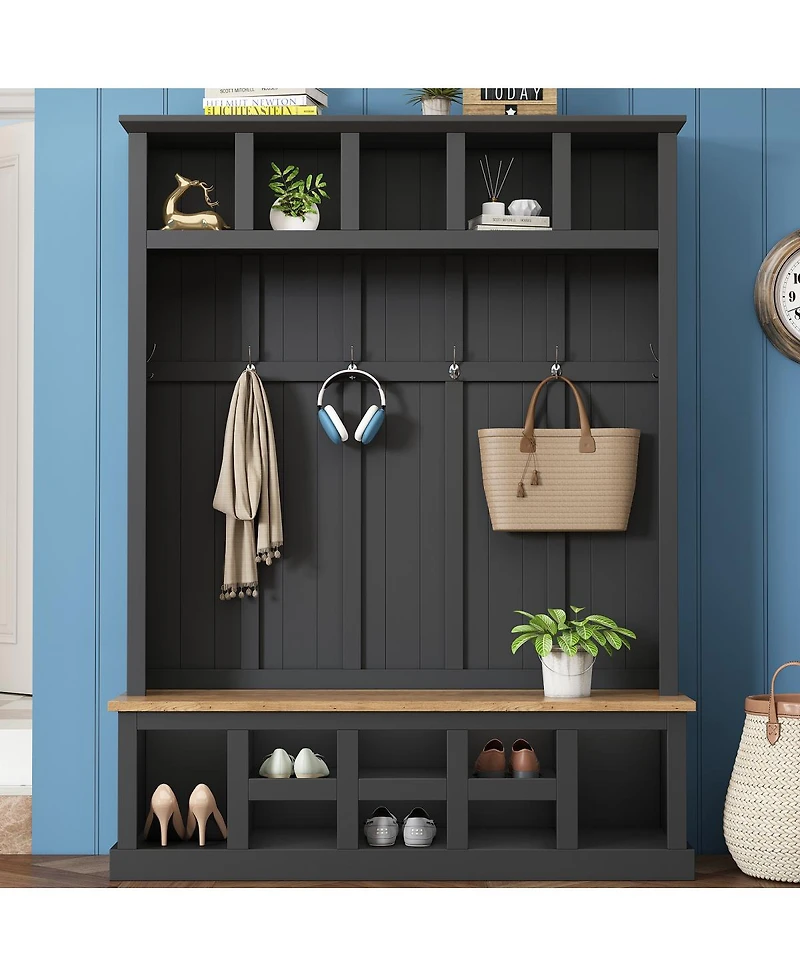 Streamdale Furniture Farmhouse Hall Tree with Storage Bench 13-Compartment Shoe Cabinet and 6 Hooks