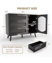 homfan Buffet Cabinet with Fluted Glass Door, 3 Drawers and Adjustable Shelves, Sideboard Storage for Kitchen, Dining Room and Living Room