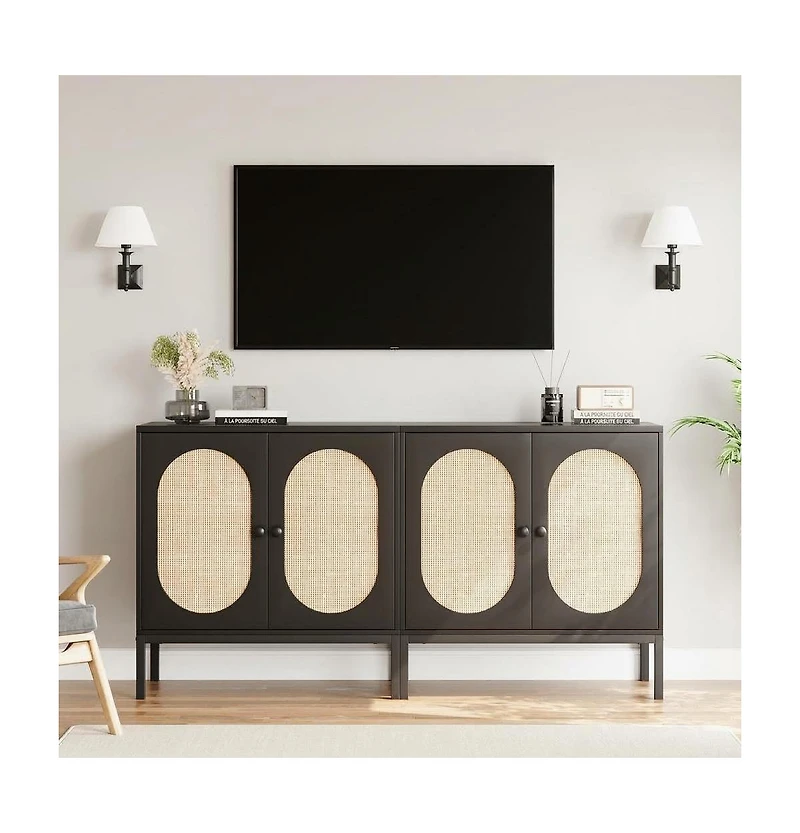homfan Sideboard Buffet Cabinet Set of 2, Rattan-Style Storage Cabinets with Adjustable Shelves, for Dining Room, Kitchen and Living Room
