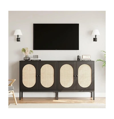 homfan Sideboard Buffet Cabinet Set of 2, Rattan-Style Storage Cabinets with Adjustable Shelves, for Dining Room, Kitchen and Living Room