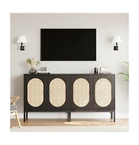 homfan Sideboard Buffet Cabinet Set of 2, Rattan-Style Storage Cabinets with Adjustable Shelves, for Dining Room, Kitchen and Living Room