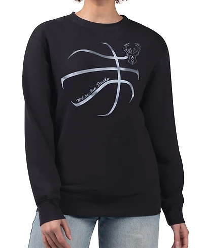 G-iii 4Her by Carl Banks Women's Black Milwaukee Bucks Metallic Print Basketball Sketch Fleece Sweatshirt