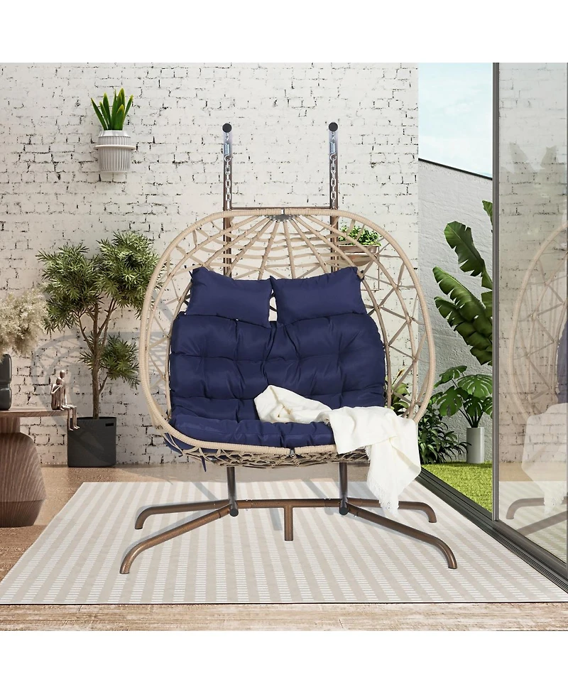 Asagikoiai 2 Person Rattan Hanging Egg Chair with Stand, Double Outdoor Swing