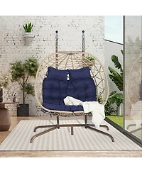 Asagikoiai 2 Person Rattan Hanging Egg Chair with Stand, Double Outdoor Swing