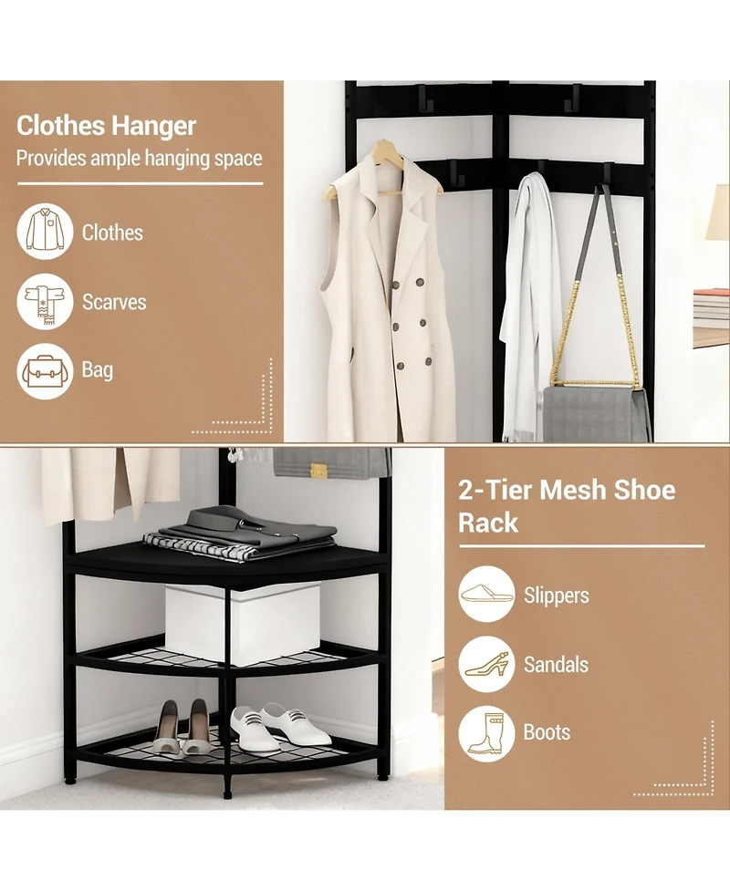 homfan 4-in-1 Corner Hall Tree Shoe Bench - 71in Tall Space-Saving Freestanding Entryway Organizer with 4 Storage Shelves and 6 Hooks