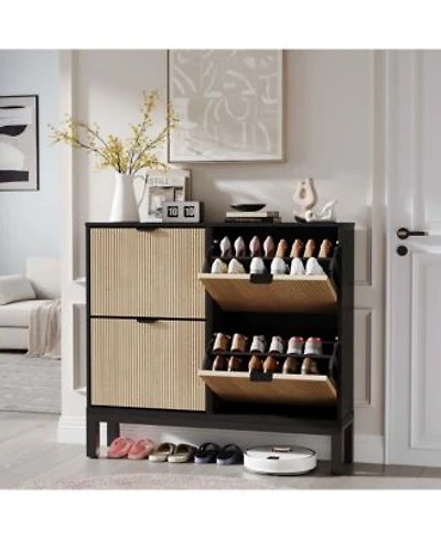 Homfan Modern Fluted Shoe Cabinet With 4 Flip Drawers Narrow Shoe Storage Hidden Shoe Rack With Metal Legs Farmhouse Storage For Hallway