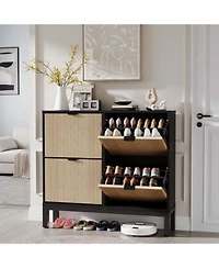 Homfan Modern Fluted Shoe Cabinet With 4 Flip Drawers Narrow Shoe Storage Hidden Shoe Rack With Metal Legs Farmhouse Storage For Hallway