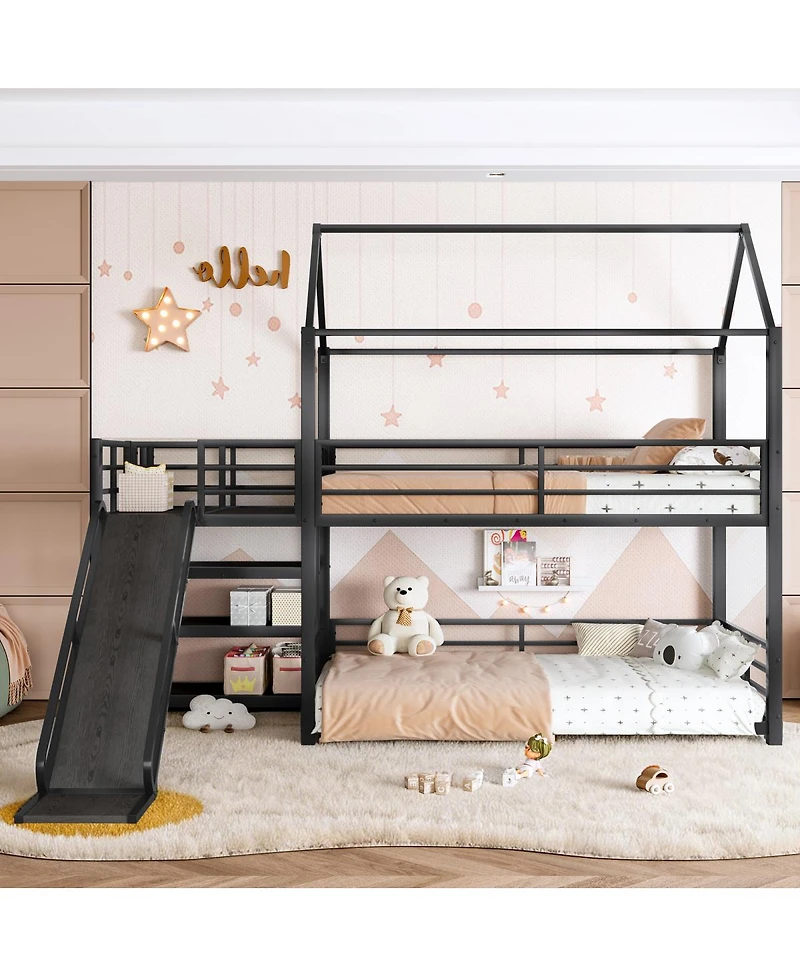 Streamdale Furniture metal House Bunk Bed with Storage Stairs Slide Safety Rails