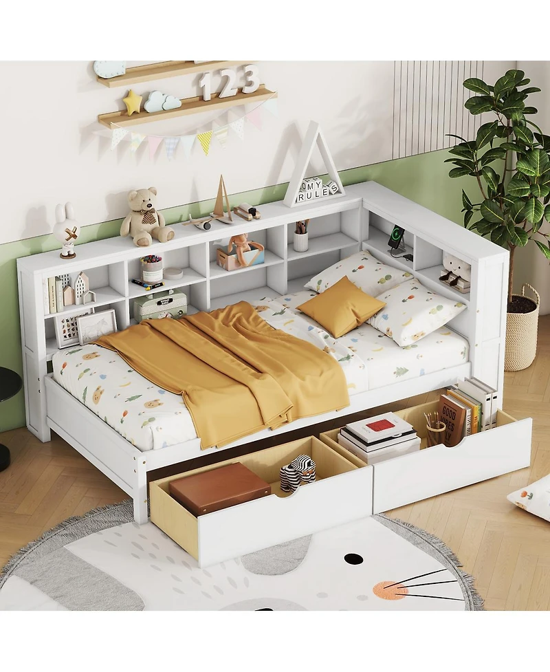 Streamdale Furniture Wooden Daybed with 2 Drawers Storage Shelf and Usb Ports