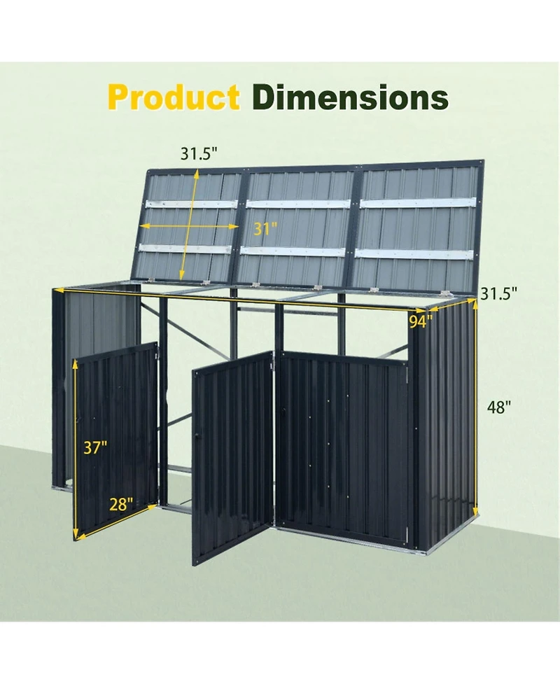 Sugift 3-Bin Metal Trash Can Storage Shed with Flip-Up Lids 94in x 31.5in x 49in
