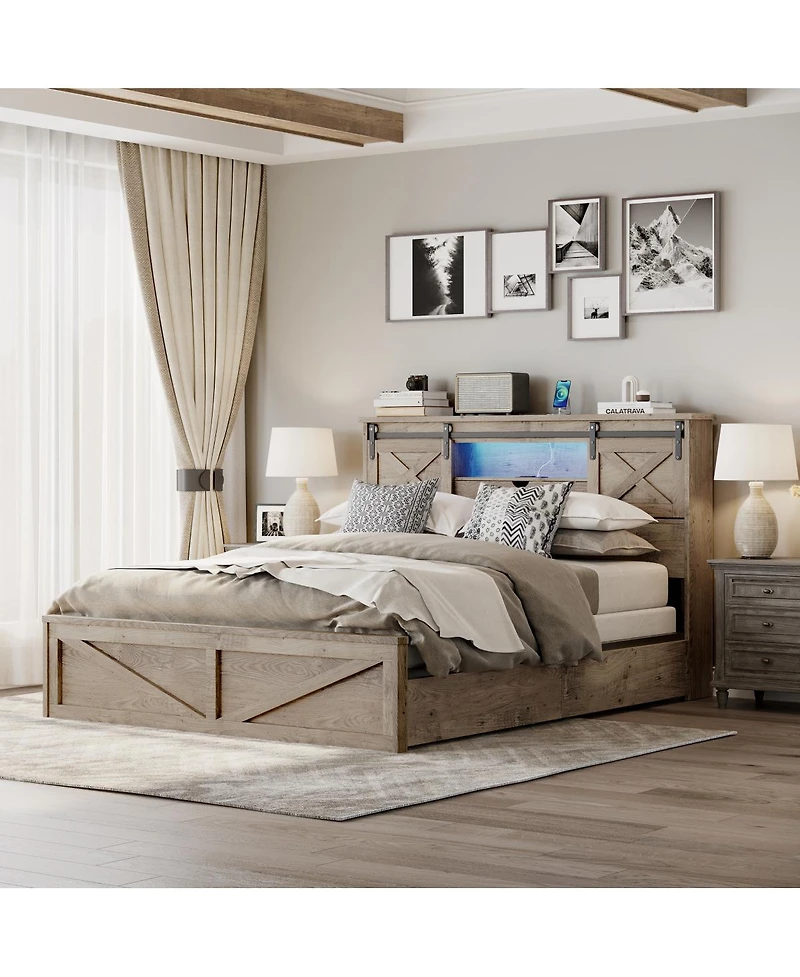 Streamdale Furniture Farmhouse Queen Bed Frame with Led Lights Charging Station and Storage Drawers