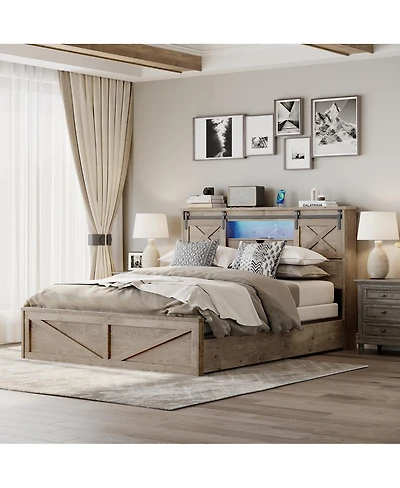 Streamdale Furniture Farmhouse Queen Bed Frame with Led Lights Charging Station and Storage Drawers