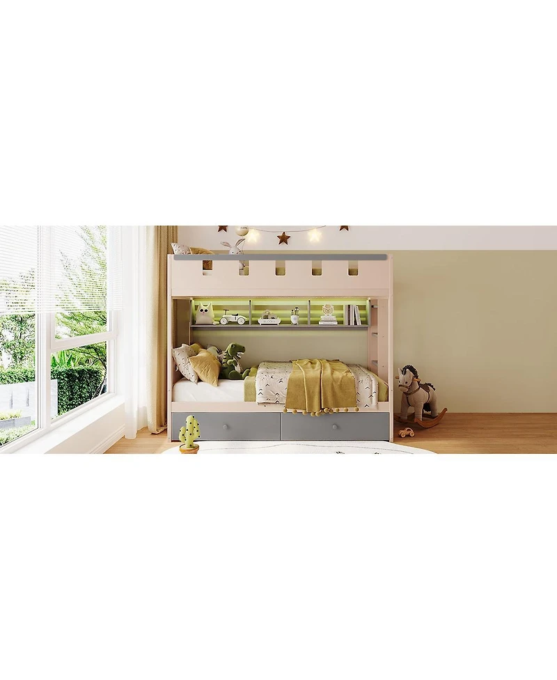 Streamdale Furniture Twin Size Castle-Style Wooden Loft Bed with Led Lights and Storage Drawers