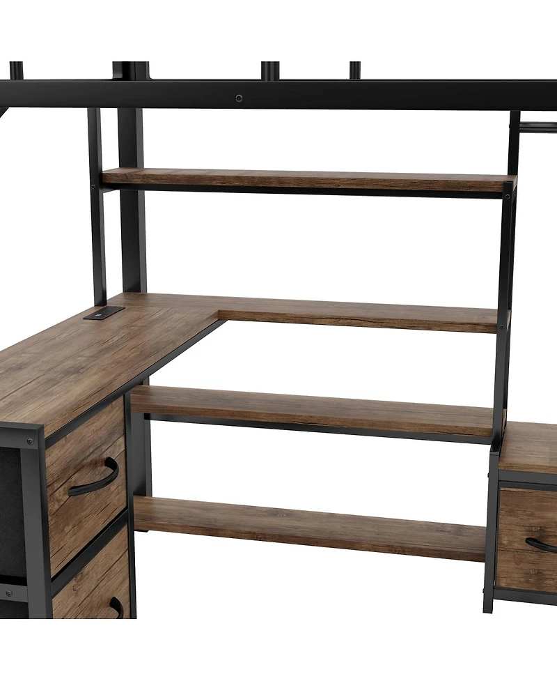 Streamdale Furniture Full Size Metal Loft Bed with Desk Storage Shelves Wardrobe and Drawers