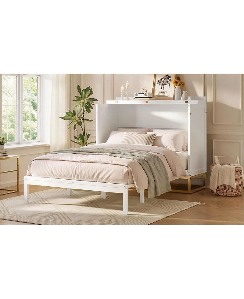 Streamdale Furniture Murphy queen bed with Wooden doors design fake drawers metal legs
