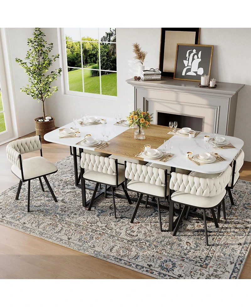 Streamdale Furniture 9-Piece Square Faux Marble Dining Set with 8 Beige Velvet Chairs