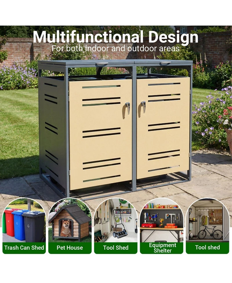 Gouun Outdoor Galvanized Steel Garbage Bin Storage Shed for 2 Trash Cans-Yellow Trim