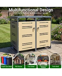 Gouun Outdoor Galvanized Steel Garbage Bin Storage Shed for 2 Trash Cans-Yellow Trim