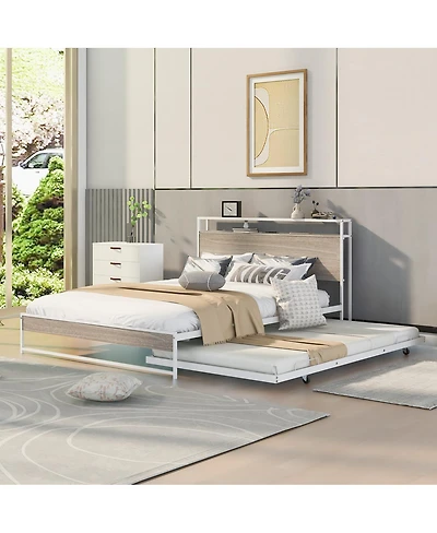 Streamdale Furniture Queen Metal Platform Bed Frame with Trundle Usb Ports and Slat Support