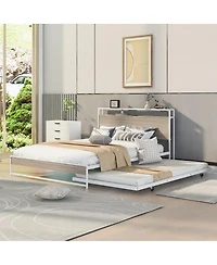 Streamdale Furniture Queen Metal Platform Bed Frame with Trundle Usb Ports and Slat Support