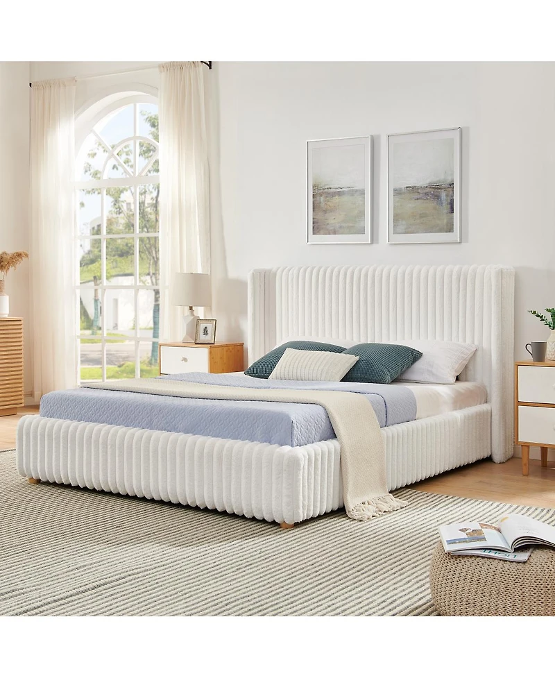 Streamdale Furniture Queen Vertical Striped Gas Lift Storage Bed in Luxury Fluffy Rabbit Fur