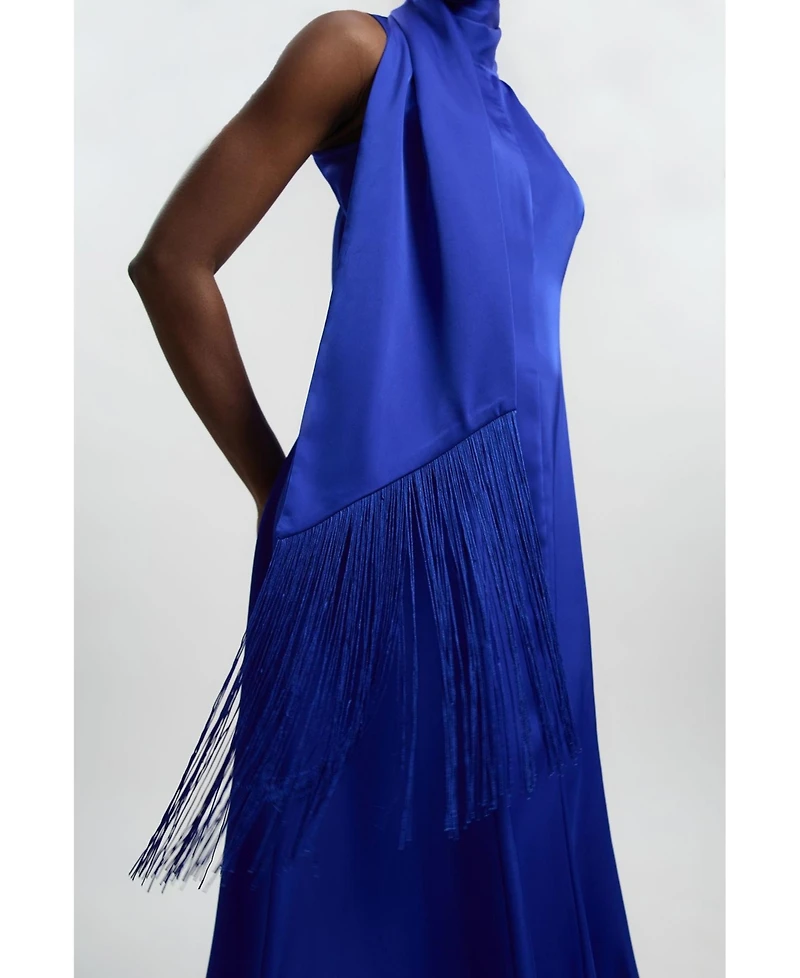 Karen Millen Women's Satin Cowl Neck Scarf Fringe Maxi Dress