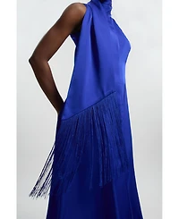 Karen Millen Women's Satin Cowl Neck Scarf Fringe Maxi Dress