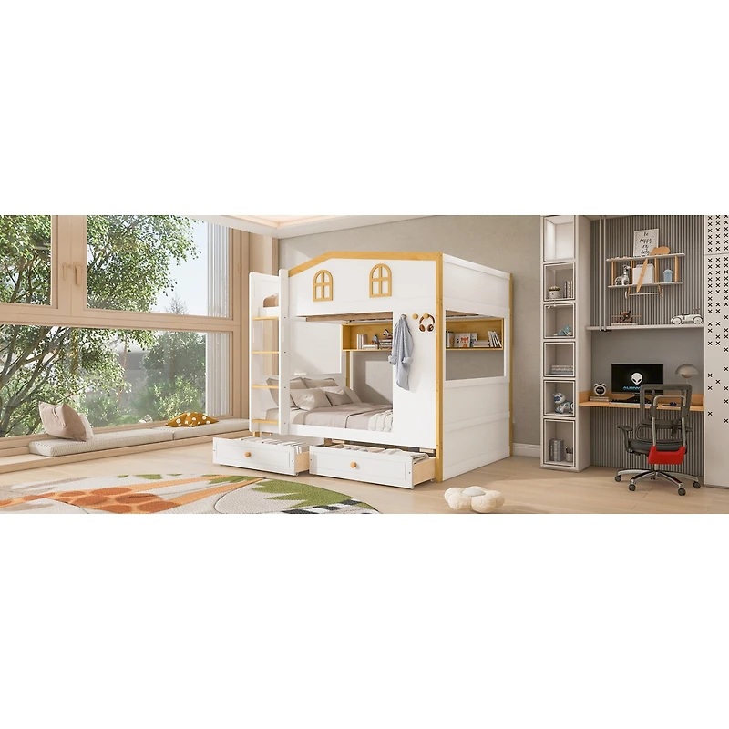 Streamdale Furniture Full over Full House Bunk Bed with Storage Shelves and Drawers
