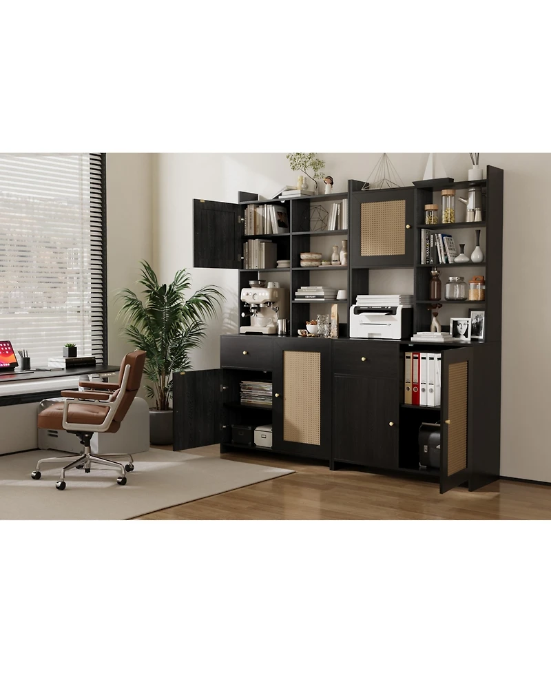 homfan 71 Inch Tall Kitchen Pantry Cabinet with Rattan Doors Storage Hutch Microwave Stand and Adjustable Shelves