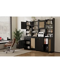 homfan 71 Inch Tall Kitchen Pantry Cabinet with Rattan Doors Storage Hutch Microwave Stand and Adjustable Shelves